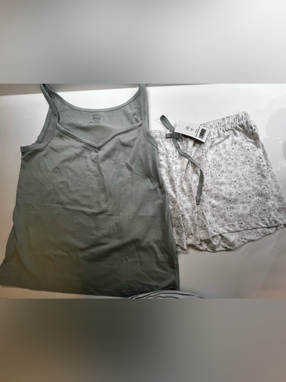 FELINA WHITE W/GREEN FLORAL SLEEP SHORTS SOLID GREEN TANK. LIGHTER THAN PICTURE